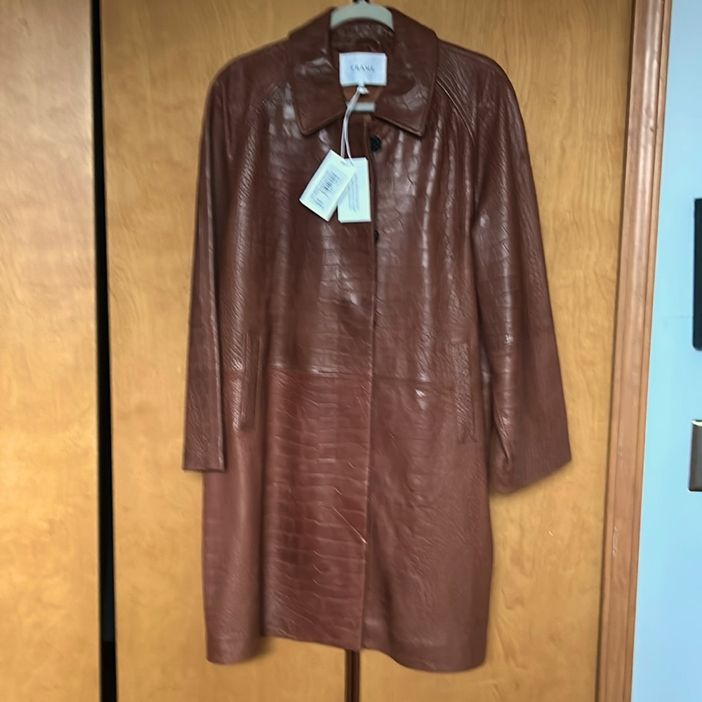 FRAME NWT Lamb Leather Croc Embossed Woman’s Size Small Rich Cognac Trench Coat